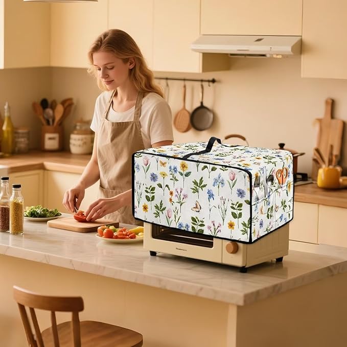 Toaster Oven Dust Cover with Side Pockets, Washable Convection Oven Cover Small Electric Appliance Protector for Kitchen Home Decor, S, Floral Butterfly Cream White