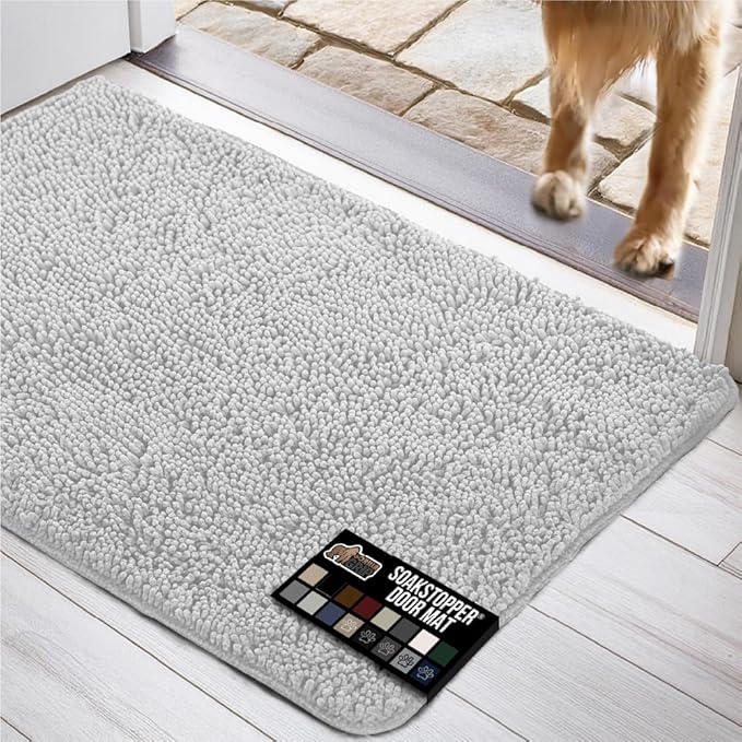 GORILLA GRIP SOAKSTOPPER Dog Door Mat, 36x24 Machine Washable Rug Absorbent Doormat Captures Moisture Mud Dirt, Quick Dry Soft Chenille Entryway Rugs Indoor Entrance Mats for Dog Paws, Light Gray