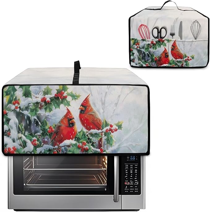 Christmas Microwave Oven Cover Air Fryer Toaster Oven Dust Cover with Accessory Pockets, Stain-resistant Small Electric Appliance Protector for Kitchen, M, Red Cardinal Bird Holly White