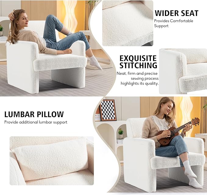 Gaussen Sherpa Oversized Accent Chair for Bedroom, Modern Living Room With Pillow, Fluffy Sofa, Upholstered Arm Chair, Comfy for Office/Home (Winter)