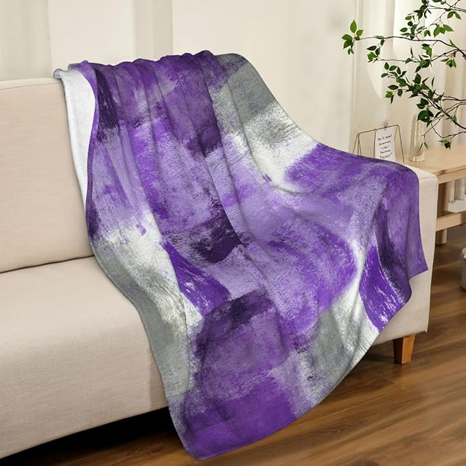 LOKMU Throw Blanket, Purple and Grey White Abstract Art Ultra-Soft Cozy Flannel Blankets, Fuzzy Plush Lightweight Modern Blanket for Couch Sofa Bedding Home Decor, 80" L x 60" W