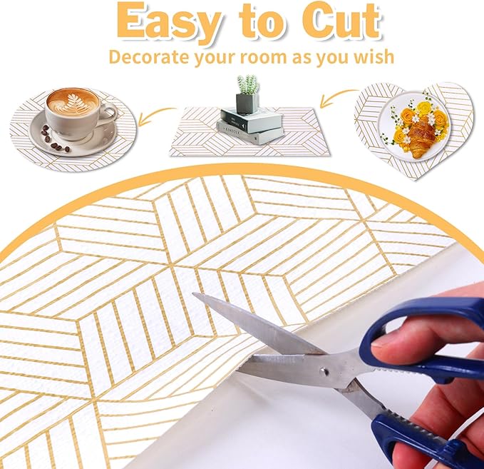 Shelf Liners for Kitchen Cabinets 11.8 x 236.2In Non Adhesive Shelf Liner Paper Non-Slip Thickened Drawer Liner Easy to Clean for Tool Box Refrigerator with Knife and Tape Measure, Gold Geometric