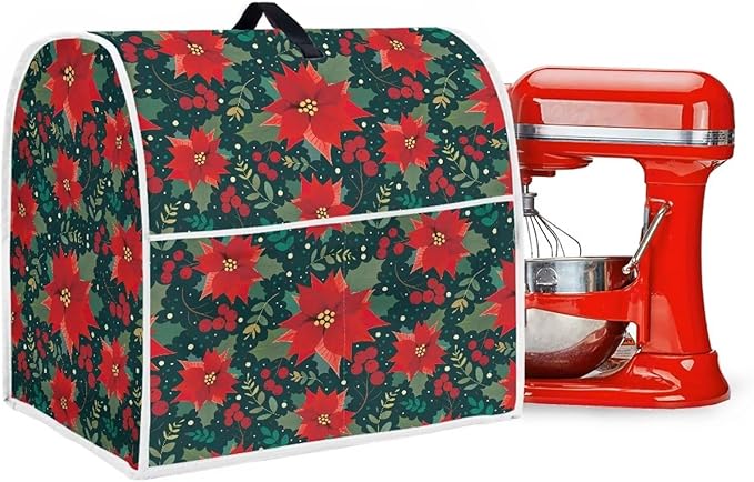 Christmas Stand Mixer Cover Dust Protective Poinsettia Stand Mixer Covers For Kitchen Aid 6-8 Quart Mixers Dustproof Cloth Cover for Small Appliance Protector Christmas Decoration