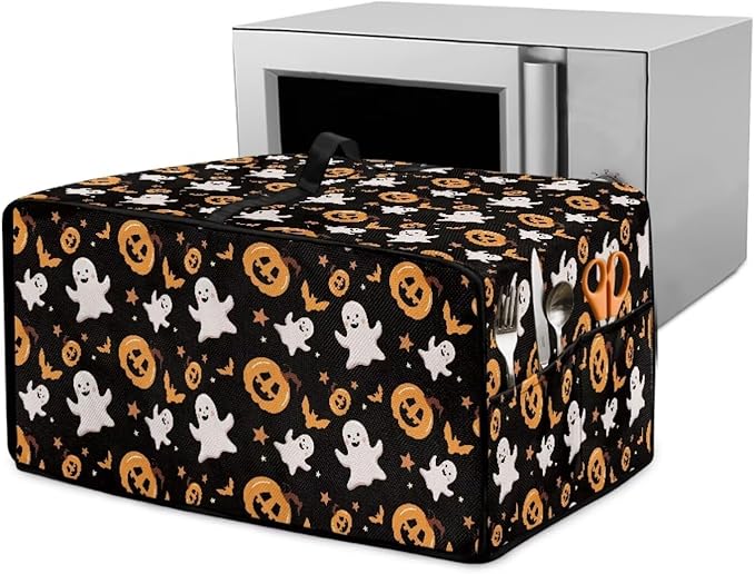 Halloween Toaster Oven Dust Cover Protective Microwave Oven Cover with Pockets Dust-proof Countertop Appliance Protector, Halloween Pumpkin Ghost Bat Star Print, L