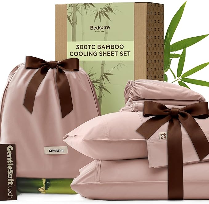 Bedsure Cooling Sheets, Rayon Derived from Bamboo & Cotton Blend, GentleSoft, Breathable, King Size Sheets Set, Deep Pocket Up to 18", Hotel Luxury Bedding for Hot Sleepers, Rose Pink
