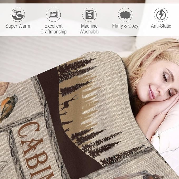 Rustic Cabin Bear Blanket, Lake Country Lodge Bear Deer Forest Farmhouse Camp Print Soft Warm Cozy Lightweight Decorative Blanket for Couch Bed Sofa Travel, 40"x50"