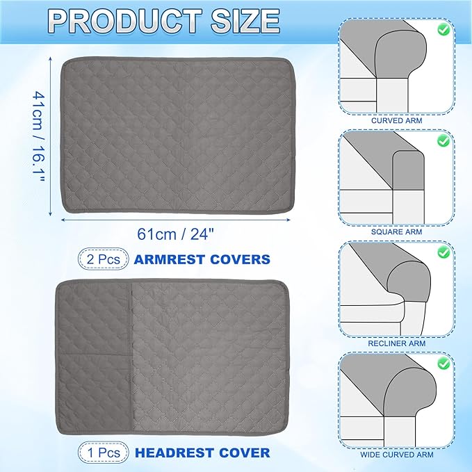 uxcell 3 PCS Armrest Covers, Couch Arm Cover Furniture Protect Slide Recliner Chair Armchair Covers with Side Storage Pocket for Sofa Recliner, Light Grey