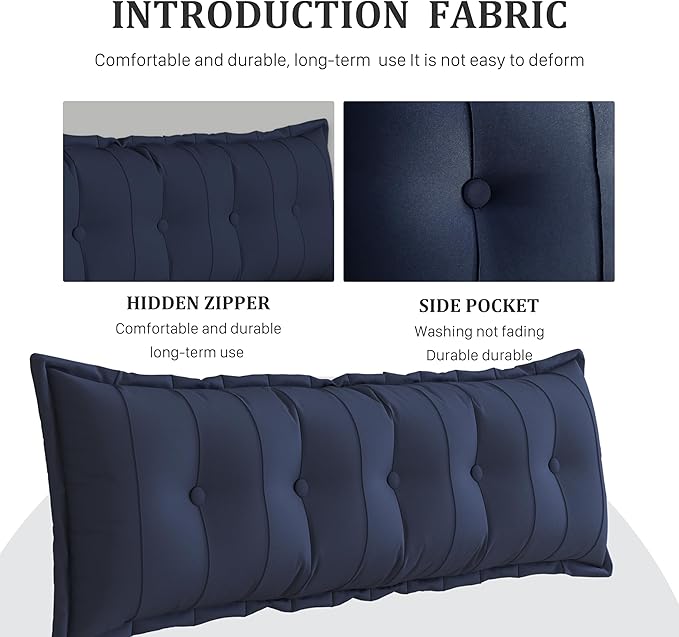 Large Bolster Reading Pillow King Backrest Positioning Support Pillow Daybed Cushion Headboard Pillows for Bed Bunk Sofa with Removable Cover, Dark Blue, 76x3x20 Inch