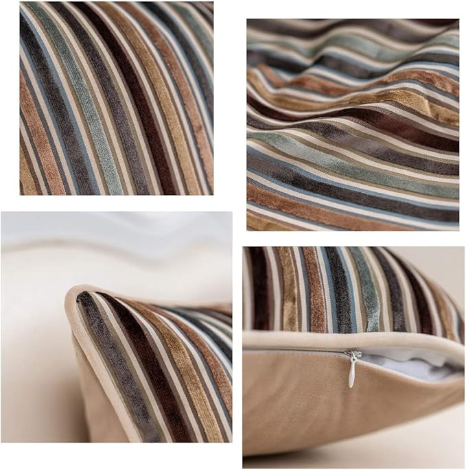 Yangest Brown Striped Throw Pillow Cover Multicolor Velvet Cushion Cover Zippered Rectangular Pillowcase for Sofa Couch Bedroom Living Room Home Decoration, 12x20 Inch