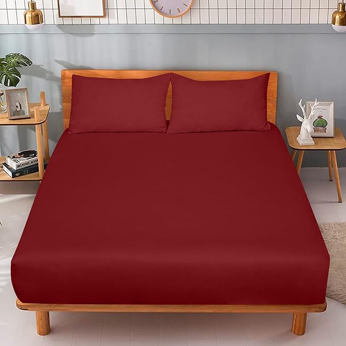 ROYALE LINENS 300 Thread Count 100% Long Staple Combed Cotton Fitted Sheet Queen - Super Soft Deep Pocket Bottom Sheet - Fitted Sheets Only - Elastic Sheets (Queen, Red)