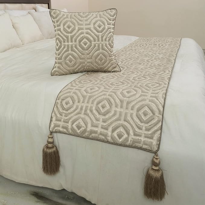 The HomeCentric King/Queen/Twin Beige Designer Twin 53"x18" Bed Runner Without Pillow Cover, Textured Bed Scarf on Silk Fabric - Hexagonal Norma