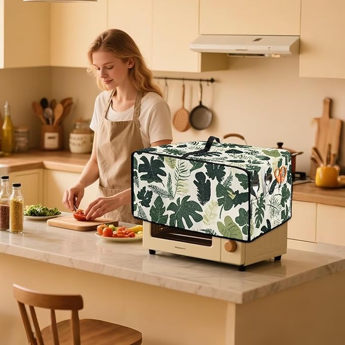 Monstera Palm Leaf Print Microwave Oven Dust Cover Foldable Microwave Toaster Oven Cover Easy to Clean Dust-Proof Kitchen Machine Covers Case Protections Protector, S