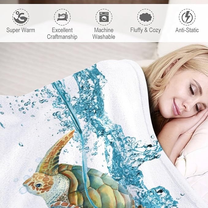 Sea Turtle Throw Blanket, Teal Blue Ocean Underwater Animal Starfish Fish Nautical Coastal Theme Fleece Flannel Blanket for Couch Sofa Bedroom Adults Kids, 30"x40"
