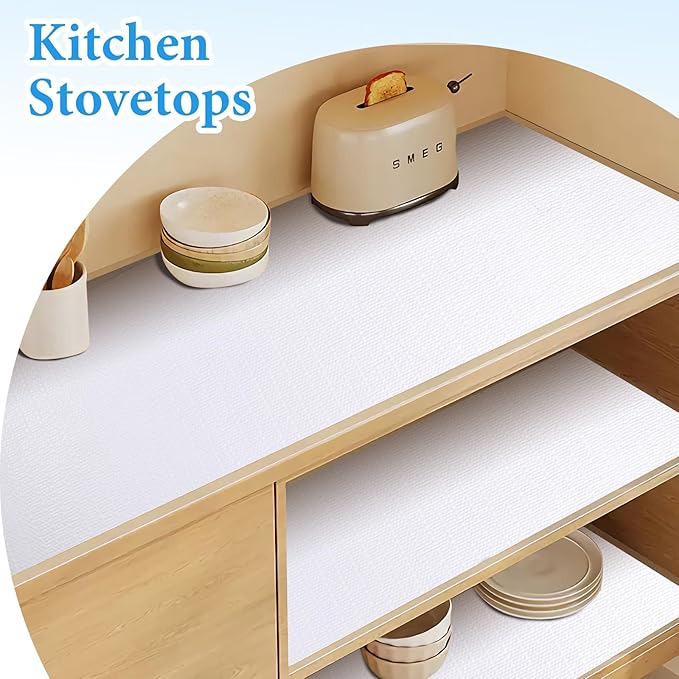 Shelf Liners for Kitchen Cabinets 12in x 20FT Non Adhesive Drawer Liner White Thickened Shelf Liner Paper Strong Non-Slip Easy to Clean for Tool Box Refrigerator with Knife and Tape Measure