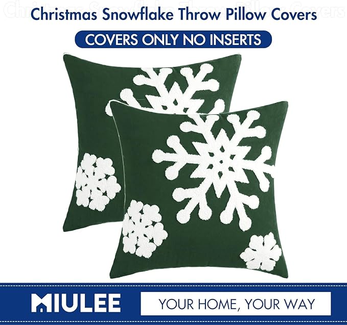 MIULEE Pack of 2 Christmas Decorative Snowflake Throw Pillow Covers Canvas Embroidery Winter Cushion Cases Holiday Decor Soft Pillowcases for Winter Couch Sofa Bedroom Car（Dark Green, 20x20in）