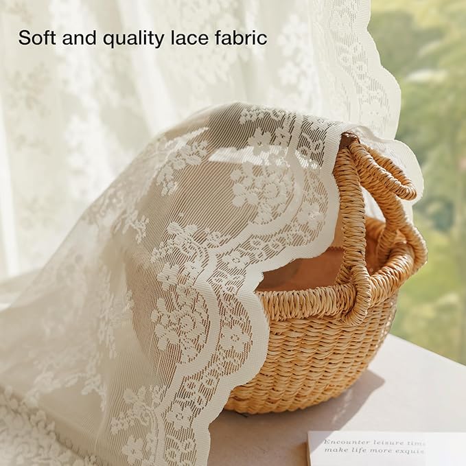 Anmao Vintage Lace Curtains 45 Inches Long 2 Panels Set, Romantic Elegant Light Filtering Semi Sheer Floral Thick Lacy Curtain Drapes for Living Room and Bedroom, Each Panel 55W x 45L, Ivory
