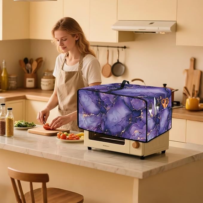Convection Oven Dust Cover with Pockets, Easy to Clean, Electric Appliance Protector Smart Microwave Oven Cover for Countertop, M, 16.5 x 20.5 x 10 Inches, Violet Gold Marble