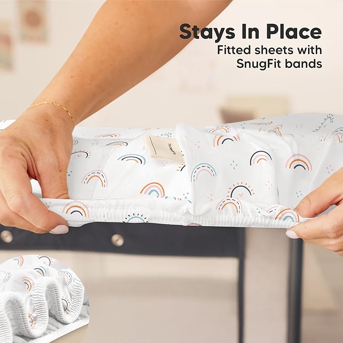 2-Pack Mini Crib Sheets Fitted - 38x26 Pack N Play Sheets for Pack and Play Mattress, Organic Cotton, Soft & Breathable Playard Bedding, Neutral Mini Toddler Bed Cover for Boys, Girls (Jolly Rainbow)