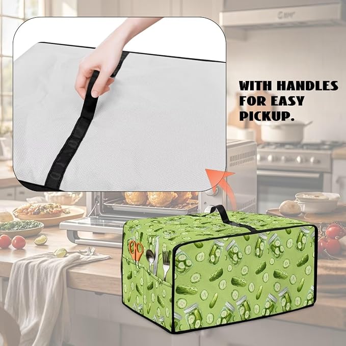 Toaster Oven Dust Cover with Storage Pockets, Dust-Proof Kitchen Appliance Protector for Small Appliances Convection Ovens, M, 16.5 x 20.5 x 10 Inches, Cucumber Print Green