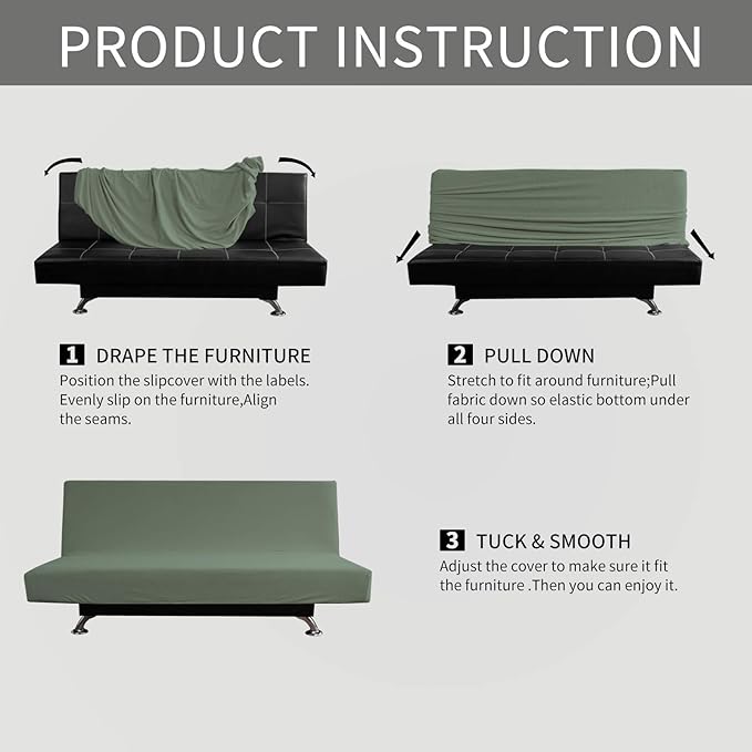 Easy-Going Stretch Futon Slipcover Armless Futon Bed Cover Furniture Protector Without Armrests with Elastic Bottom for Kids, Soft Jacquard Fabric Small Checks (Medium, Greyish Green)