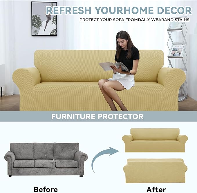 LURKA Stretch Oversized Sofa Slipcovers 1 Piece Couch Covers for 3 Cushion Couch Sofa Furniture Protector Full Sofa Covers with Elastic Bottom for Kids and Pet (Champagne, X-Large)