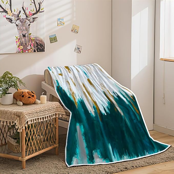 Abstract Ombre Throw Blankets, Modren Chic Art Oil Painting Cozy Warm Bed Couch Blanket, Teal Turquoise Gold White Fleece Flannel Throws to Decorate The Room and Bedroom