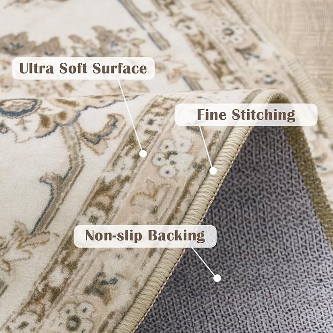 jinchan Fiora Round Rug 4ft Area Rug - Indoor Vintage Hallway Circle 4' Washable - Ultra-Thin Low Pile Soft Small Non Slip Distressed Floral Print for Living Room Dining Room Bedroom Entryway Taupe