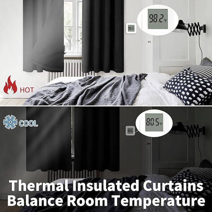 BGment Thermal Insulated 100% Blackout Curtains for Bedroom with Black Liner, Double Layer Full Room Darkening Noise Reducing Rod Pocket Curtain (42 x 63 Inch, Black, 2 Panels)