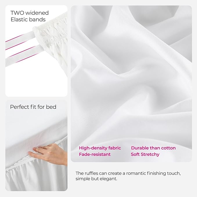 RIMELA Queen Bed Skirt 14 Inch Drop White, Wrap Around Elastic Bed Skirts Queen Size Dust Ruffle, Bedskirt for Adjustable Bed Base Solid Silky Fabric Machine Washable Easy to Install