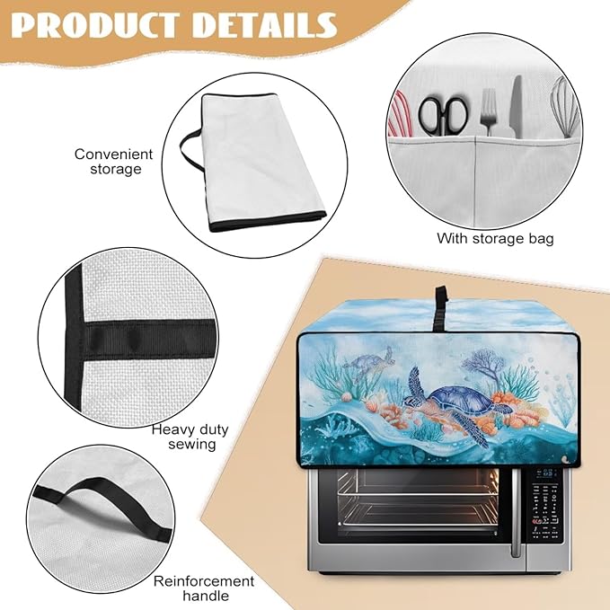 Microwave Oven Dust Cover Air Fryer Toaster Oven Protector with Storage Pockets, Stain-resistant for Small Appliances, L, 18.5 x 22.5 x 13 Inches, Sea Turtle Coral Reef Blue