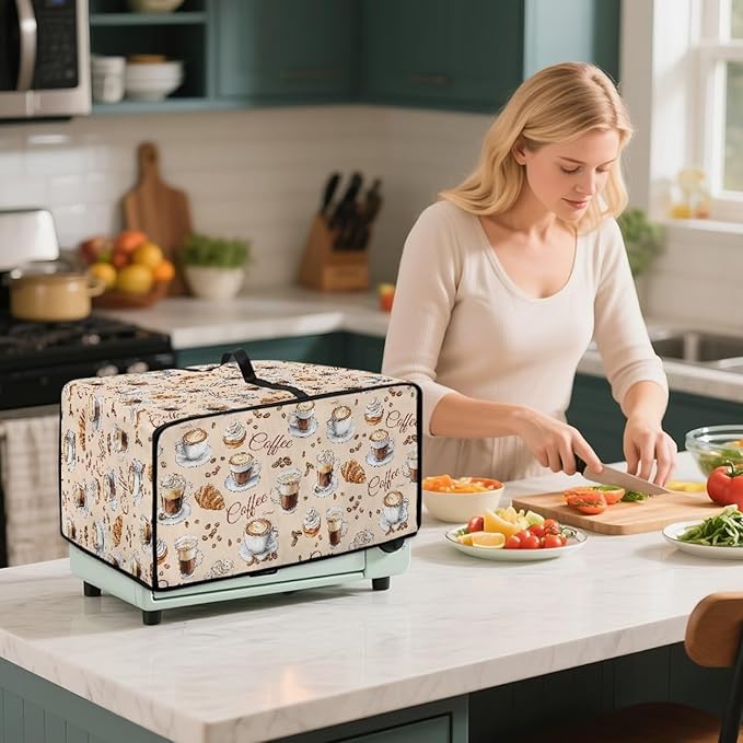 Waterproof Microwave Oven Dust Cover Heavy Duty Microwave Oven Grill Cover Dustproof Kitchen Machine Covers Case Protections for Toaster Oven, Coffee Cup Bean Bread Cream Print, S