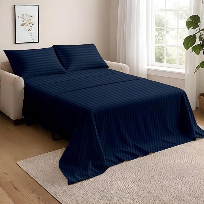 NON Sticky cotton Queen Size Sleeper Sofa Sheets, 4 Piece Egyptian Cotton Bed Sheet Set for Sofa Bed, 10" Deep Pocket for Pull Out Couch Mattress, 60" x 75", Navy Blue Stripe, Soft & Breathable