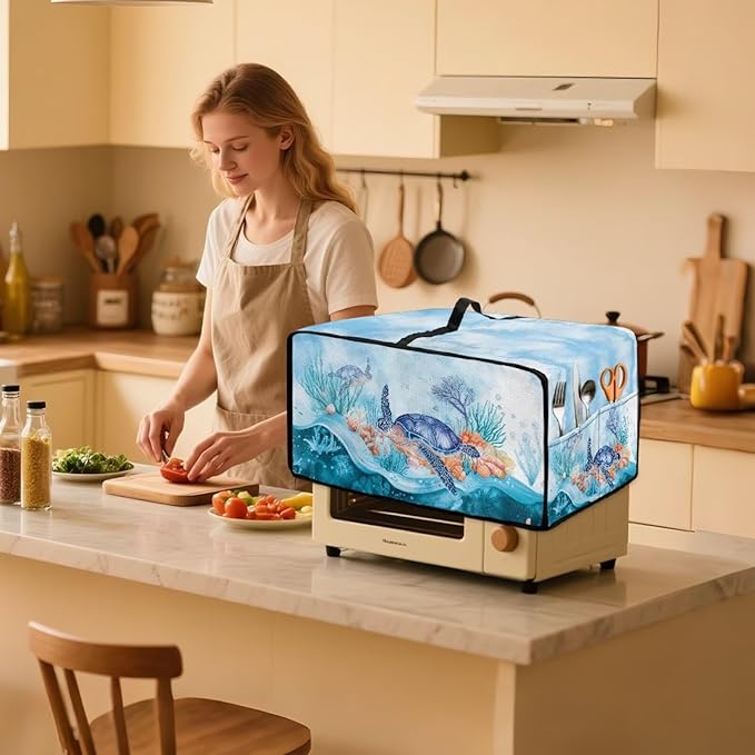 Microwave Oven Dust Cover Air Fryer Toaster Oven Protector with Storage Pockets, Stain-resistant for Small Appliances, L, 18.5 x 22.5 x 13 Inches, Sea Turtle Coral Reef Blue