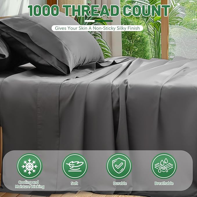 Egyptian Cotton Sheets Full Size 4PCS 1000 Thread Count Sateen Weave Soft Breathable 16-Inch Deep Pocket （Full,Dark Grey）