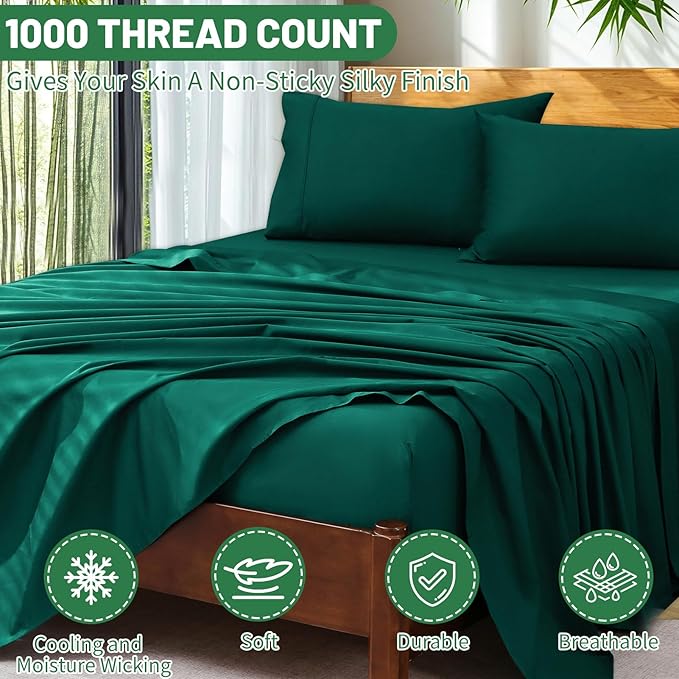 Extra Deep Pocket California King Sheets 18-24 Inch 100% Egyptian Cotton 1000 Thread Count Sateen Weave Soft Breathable 4 Pieces（California King,Dark Green）