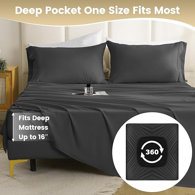 Full Sheet Set - Hotel Luxury 4 Piece Breathable Cooling Full Size Sheet Sets,Fits 16" Deep Pocket Mattress, Easy Care Wrinkle Free Bedding Sheet and Pillowcase Bed Sheet Set, Dark Gray