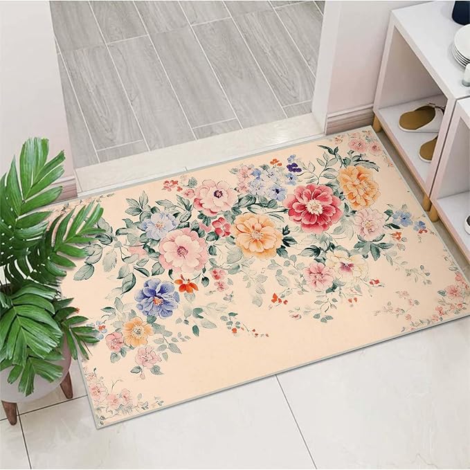 2x3 Floral Entryway Area Rug Beige Bathroom Rug Non Slip Machine Washable Low Pile Small Carpet Kitchen Bedroom Door Mat Entrance