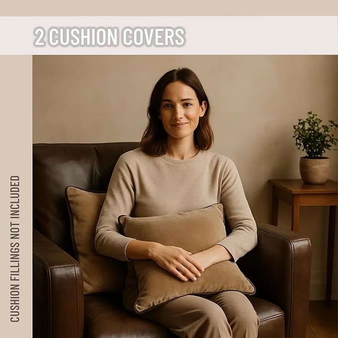 2 Pack Velvet Decorative Throw Pillow Covers, 18"x18", Camel and Brown, Solid, Modern, Contrast Piping, Indoor Use, Bedroom & Living Room