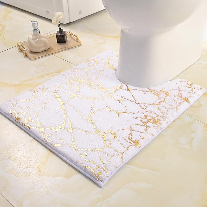 QJHOMO Toilet Rugs U Shaped White and Gold Bathroom Rugs, Gold Decor Toilet Mat Contour Bath Rug Marble Bathroom Accessories, Extra Thick Carpet Non Slip Floor Mats Machine Washable (20x24 inch)