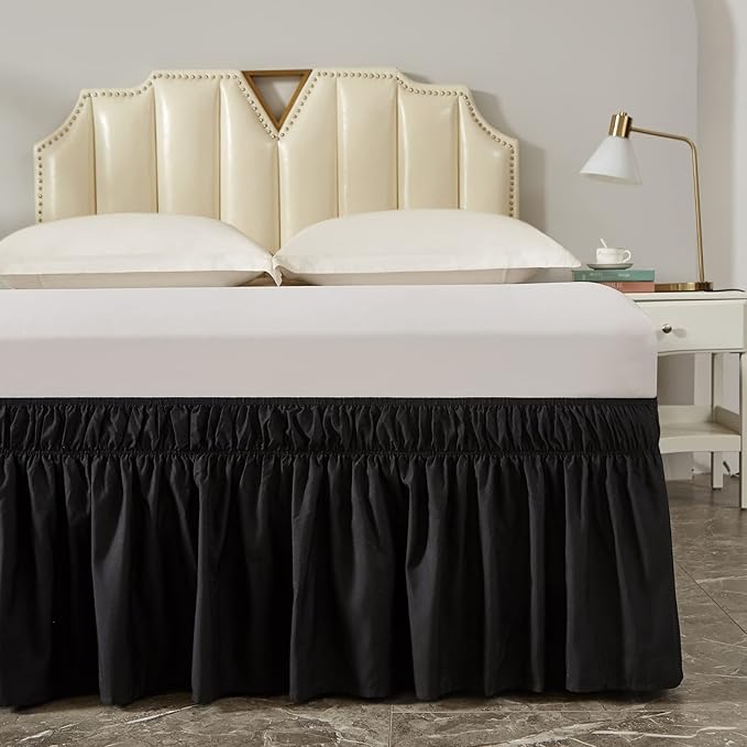 MEILA Wrap Around Bed Skirt Three Fabric Sides Elastic Dust Ruffled 24 Inch Tailored Drop,Easy to Install Fade Resistant-Black, Twin/Full