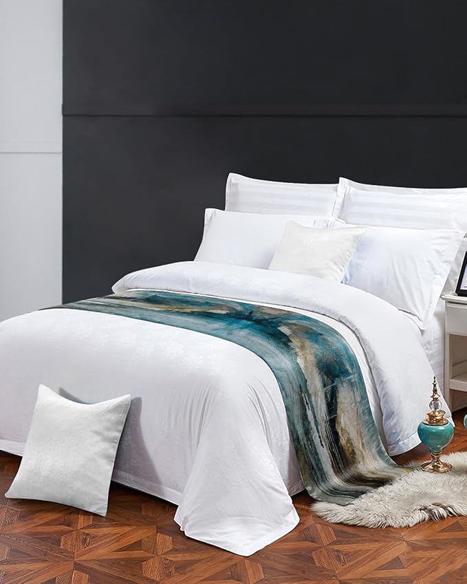 Abstract Mottled Turquoise Green Gray Art Bed Runners for Bedroom Hotel,Decorative Bedding Scarf Retro Painting Bed End Blanket Bedding Runner Scarves for Full Size Bed,83x20in
