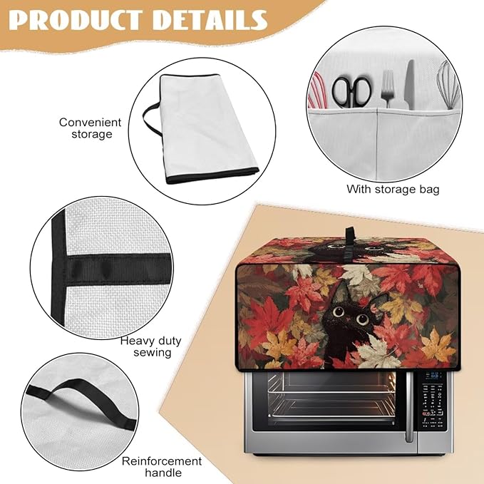 Cat Maple Leaf Print Toaster Oven Dust Cover with Storage Pockets Autumn Decor Dust-Proof Kitchen Appliance Protector for Small Appliances Convection Ovens Fall Decor, M