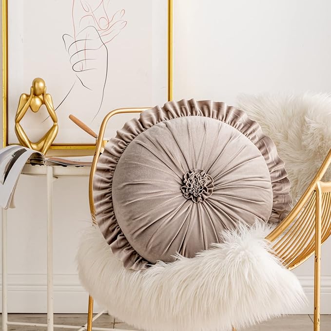 S SSOY Velvet Round Pillow - Ruffle Home Decoration Cushion for Sofa, Chair, Bed, Window, Floor - 13.7in