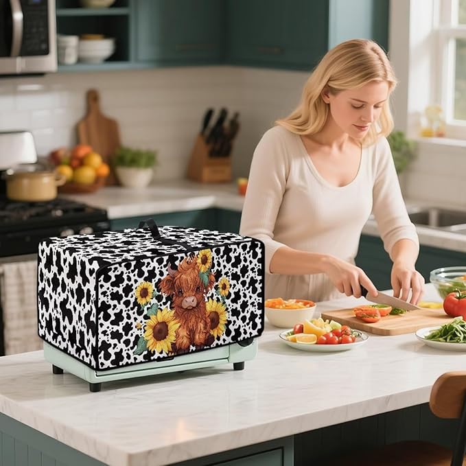 Microwave Oven Cover with Storage Pockets Waterproof Toaster Oven Dust Cover Universal Kitchen Appliance Protector, Cartoon Highland Cattle Sunflower Cow Print, S