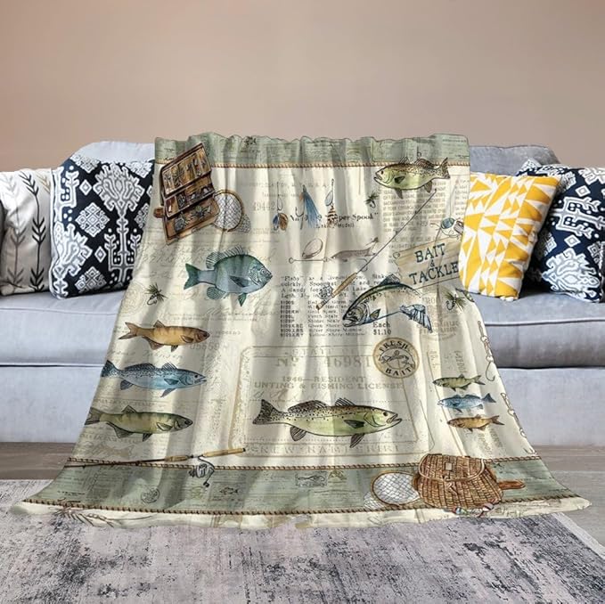 Fishing Blanket Fishing Gifts for Men Fish Throw Blanket Fishing Blanket for Kids Adults Soft Warm Cozy Fleece Blanket for Couch Sofa Bed 60"x80"