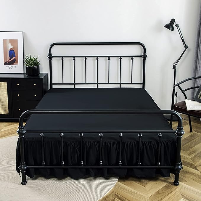 Bed Skirts King Size 14 Inch Ruffled Bed Skirt with Split Corners, 14 Inch Drop Dust Ruffle Bed Skirt with Platform, Black