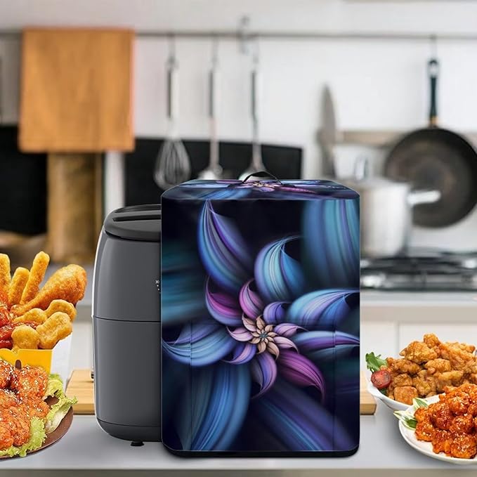 Insulated Air Fryer Appliance Cover Dust Cover with Storage Pocket for Spoon/Cooking Utensils/Recipes, Easy to Clean Machine Washable, Blue Purple Flower