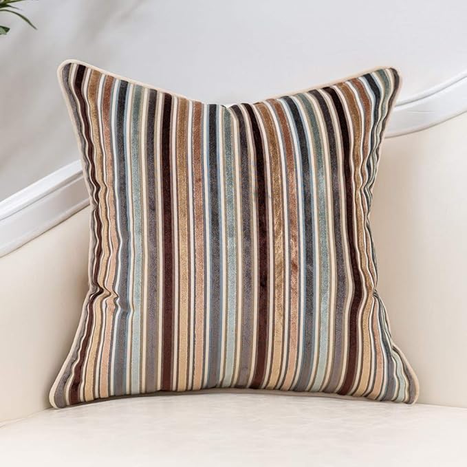 Yangest Brown Striped Throw Pillow Cover Multicolor Velvet Cushion Cover Modern Bohemian Pillowcase for Sofa Couch Bedroom Living Room Home Christmas Decoration,20x20 Inch
