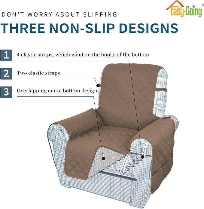 Easy-Going Sofa Slipcover Waterproof Oversized Recliner Chair Cover Non-Slip Fabric Couch Cover for Living Room Washable Furniture Protector for Pets Kids Children Dog Cat (Large Recliner, Brown)