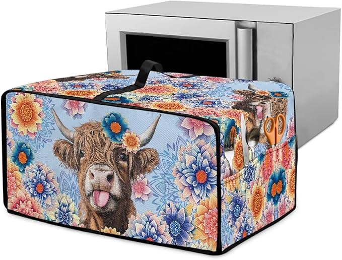 Microwave Oven Cover Heavy Duty Microwave Oven Dust Cover with Storage Pockets Dust-Proof Reusable Decor Accessories for Kitchen, Highland Cattle Boho Mandala Floral Print, S